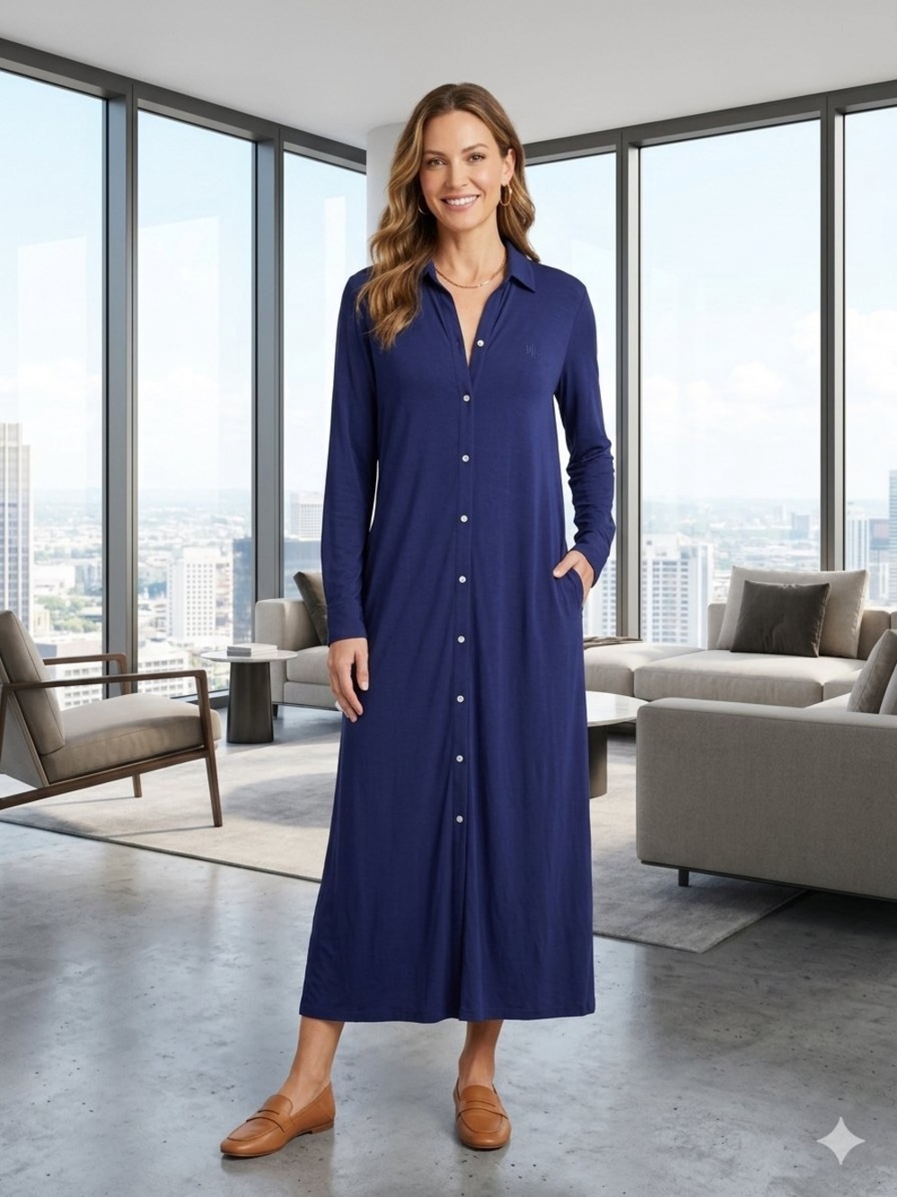 Ralph Lauren Women’s Long Button-Front Navy Sleep Shirt Dress Size XL